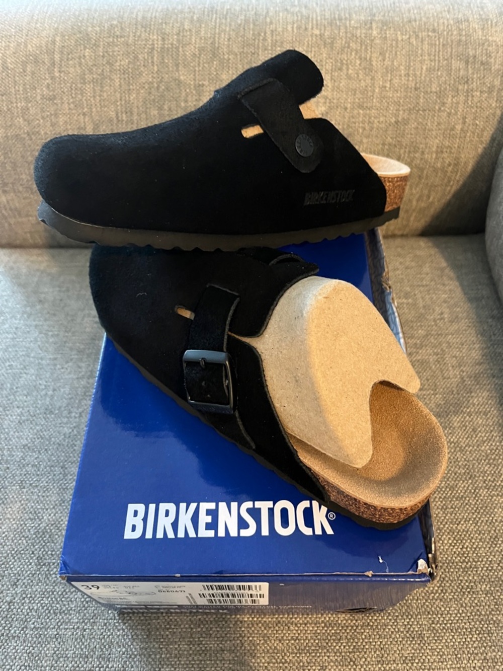 Birkenstock Black Suede Boston Clogs with Adjustable Buckle